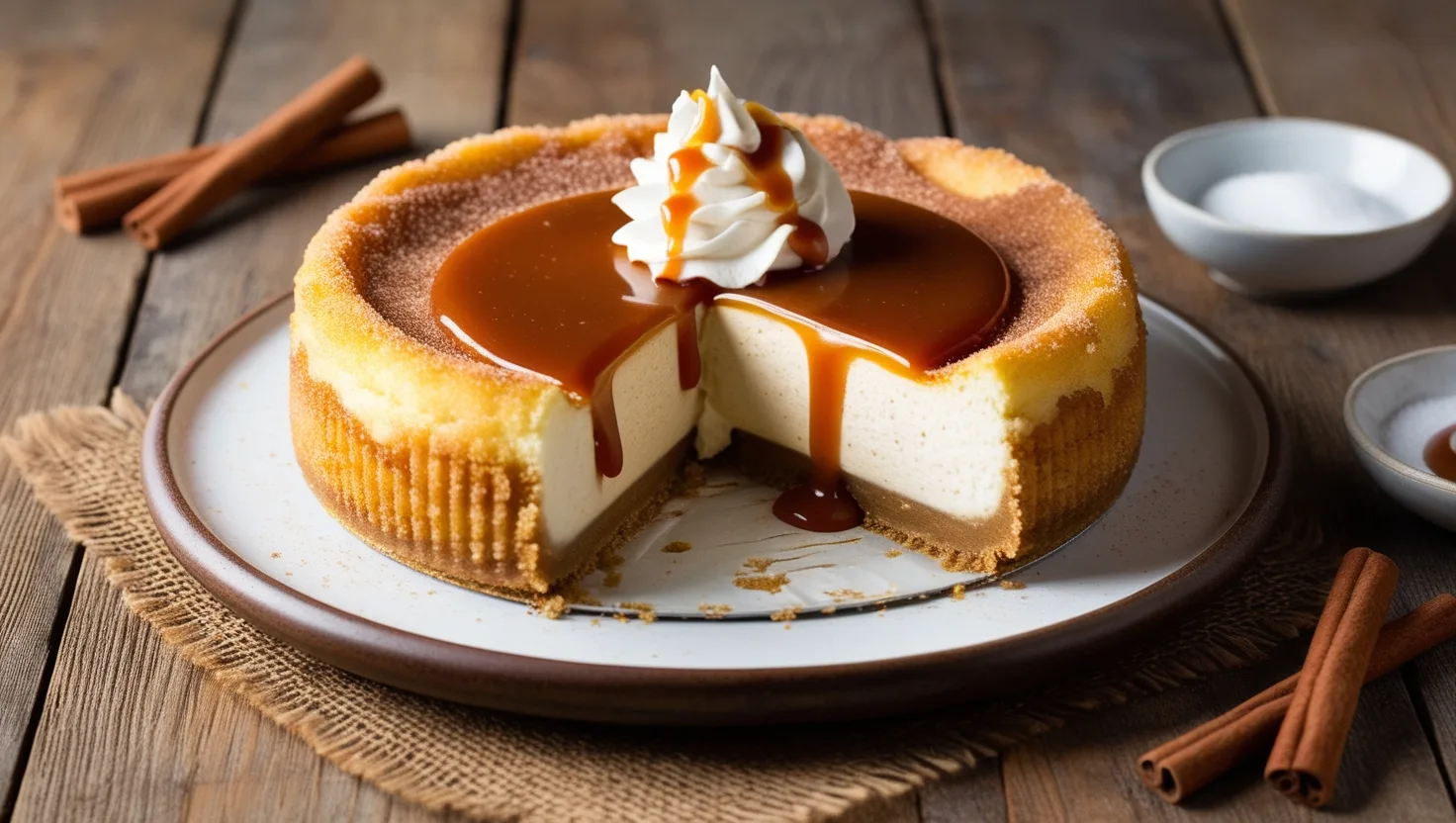 A slice of Churro Cheesecake topped with cinnamon sugar and drizzled with caramel sauce, garnished with whipped cream and fresh strawberries.