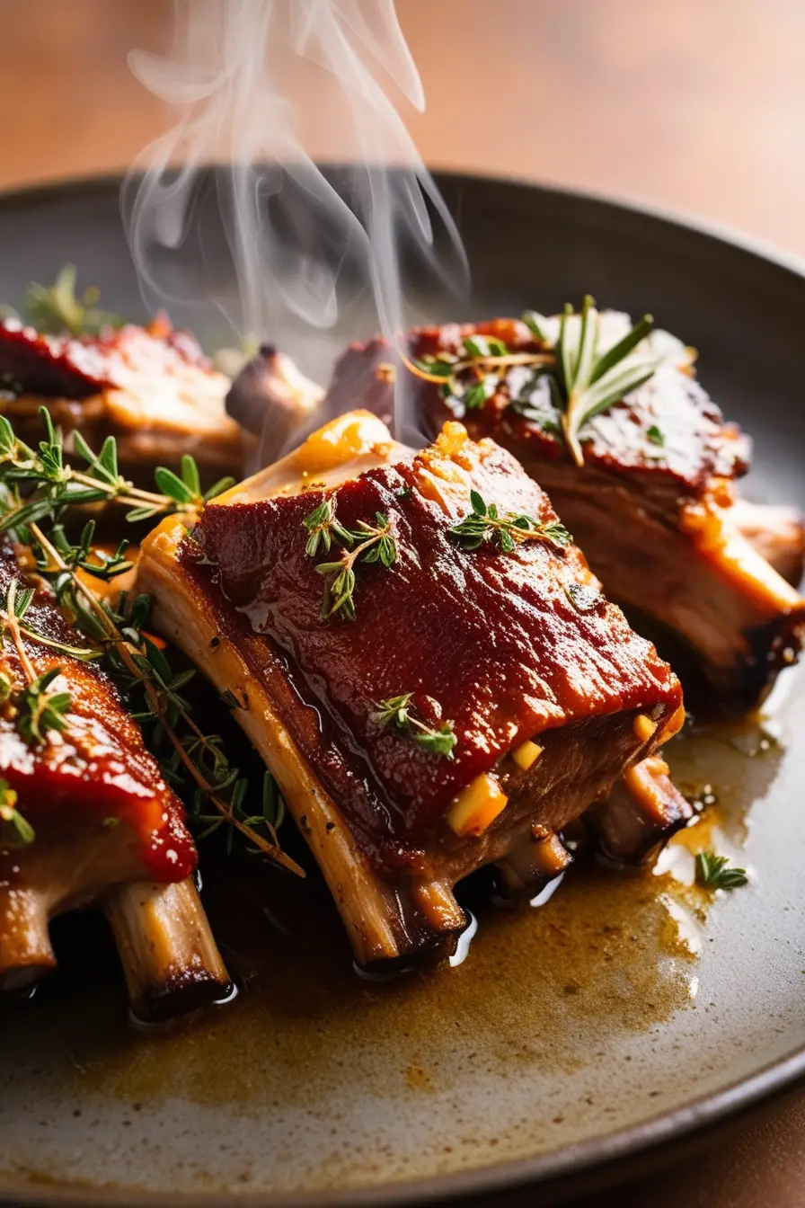 Close-up of gourmet-style, glistening with sauce and garnished with rosemary and thyme on a rustic plate.