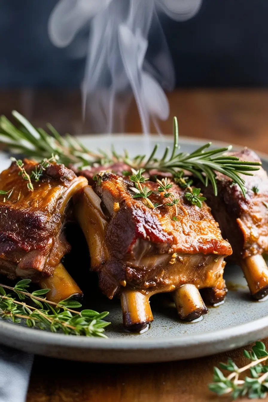 Juicy topped with fresh rosemary, served with a savory sauce on a dark ceramic plate, with steam rising.