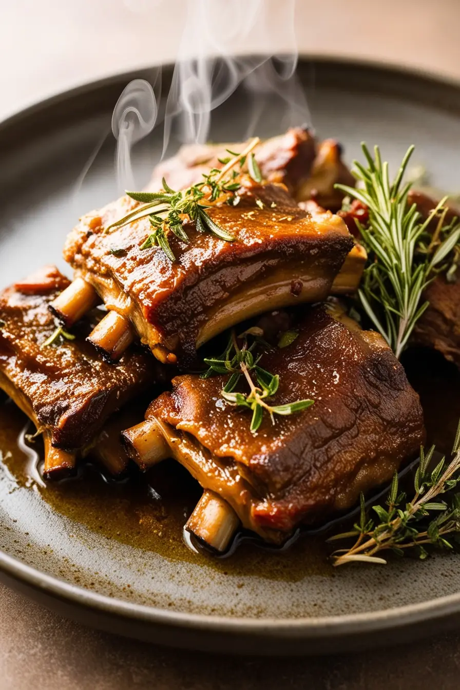 Close-up of juicy short ribs topped with fresh rosemary and thyme, coated in a rich glaze, served on a rustic plate.