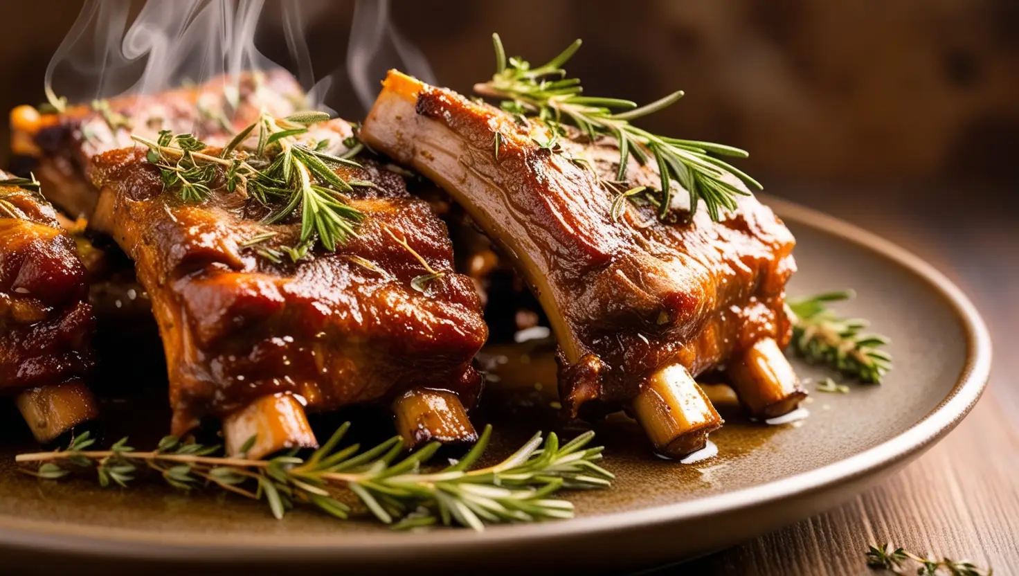 Perfectly cooked short ribs topped with fresh rosemary, served with a rich, glossy glaze on a rustic plate.