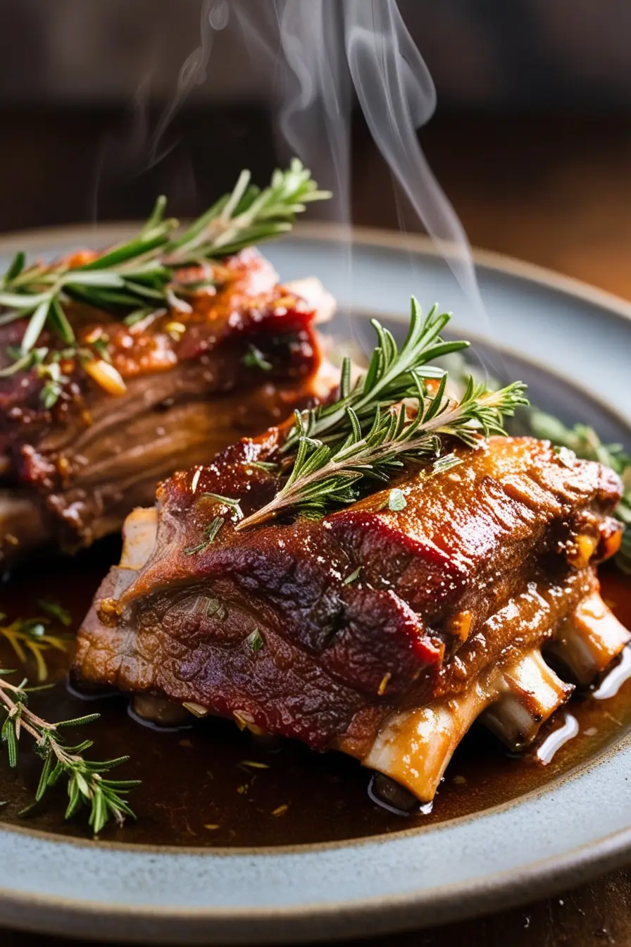 A plate of tender with a golden-brown glaze and sprigs of rosemary, exuding warmth and flavor.